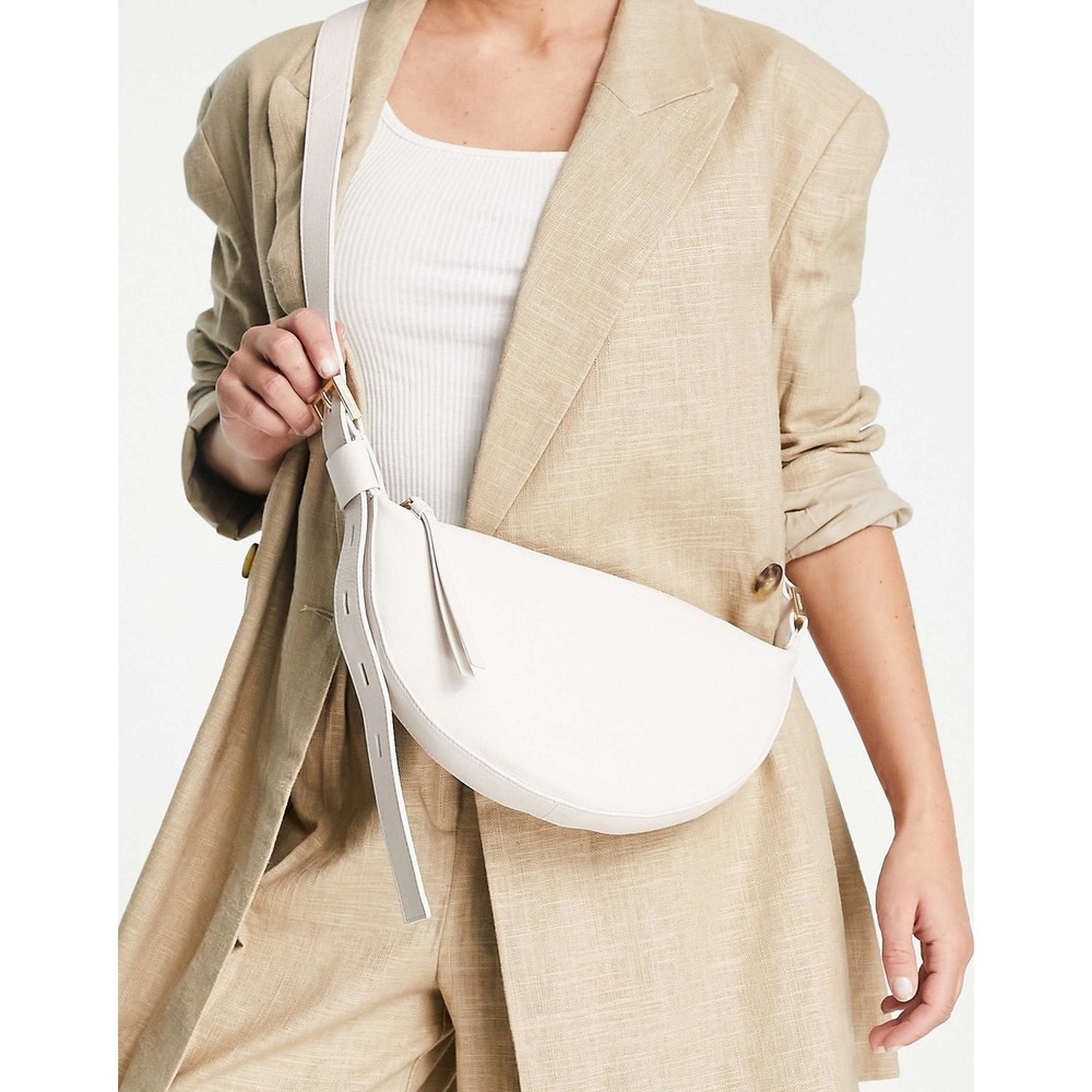AllSaints Half Moon Crossbody Bag Off White Pebbled Leather Gold Hardware